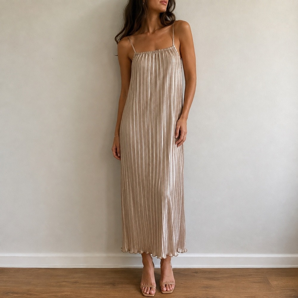 Petal + Pup Liza Gold Pleated Maxi Dress Small Party Glam Minimalist